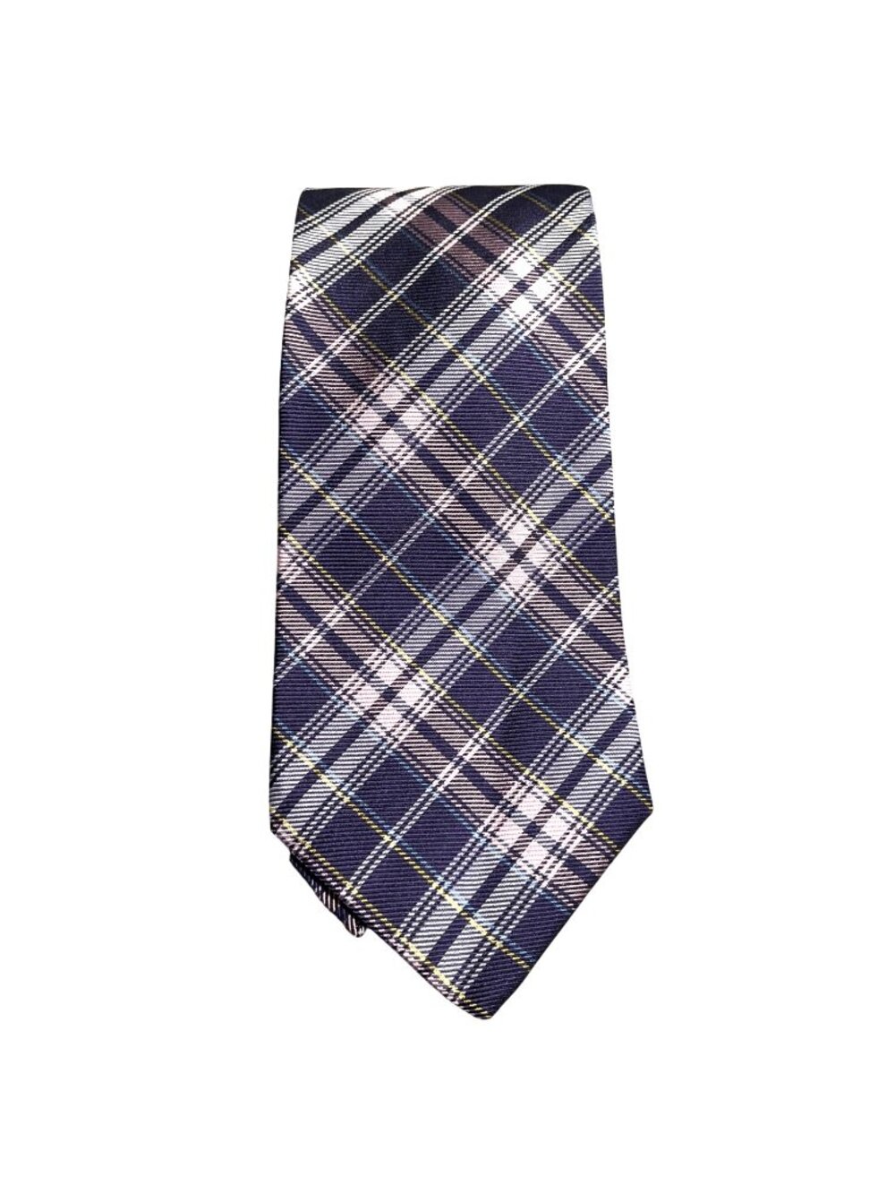 Hickey Freeman 100% Silk Plaid Necktie Navy Pink Yellow Made In Italy